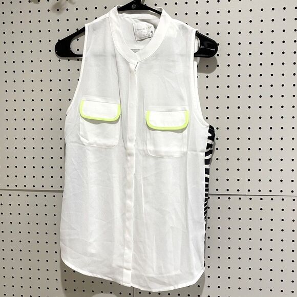 Line & Dot Blouse Large White Sleeveless Zebra Neon Button Tank Work Casual NWT - Picture 1 of 4
